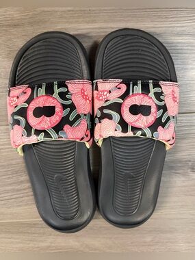 Ladies Nike Black Slide Sandals with Pink Floral Strap